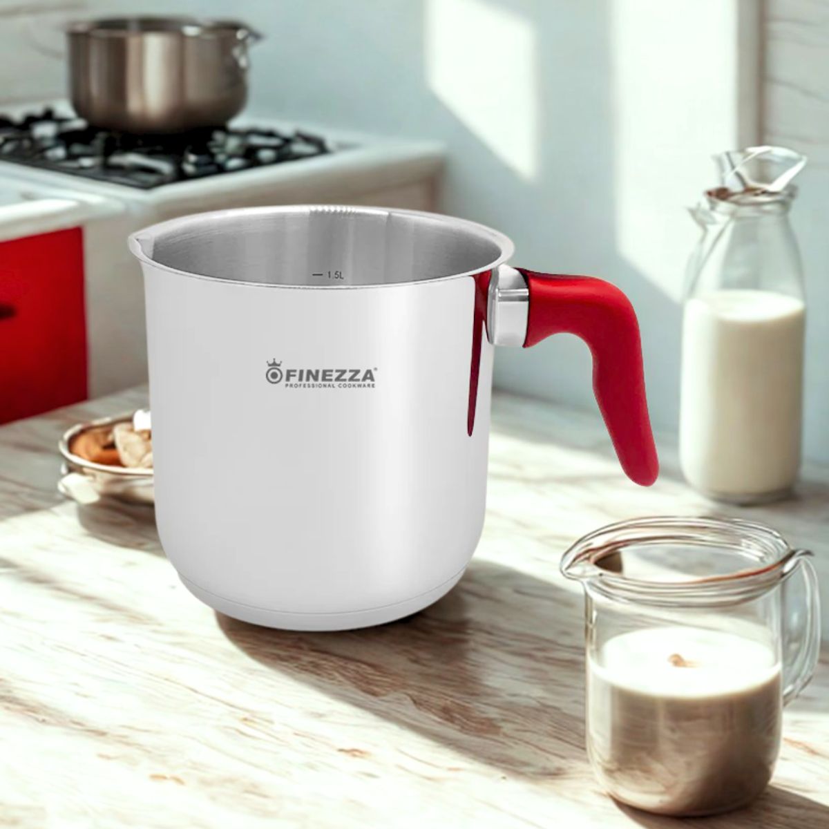 FINEZZA - Jarra de Acero Inoxidable para Leche 15L con Asa Roja FF-0012-IN