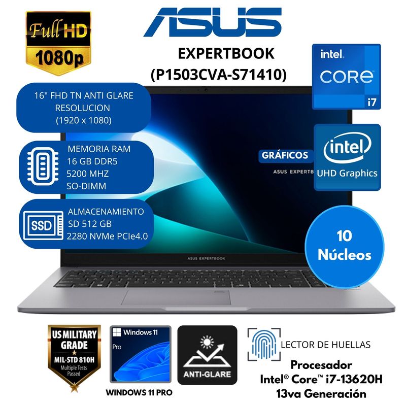 ASUS - Laptop Asus ExpertBook Intel Core i7 (P1503CVA-S71410) RAM 16 GB SSD 512GB 15.6 " FHD Windows 11 PRO