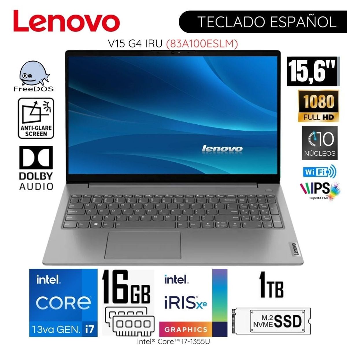 LENOVO - Laptop Lenovo V15 G4 IRU 15.6"   FHD Intel Core i7-1355U 16GB RAM 1TB SSD 83A100ESLM