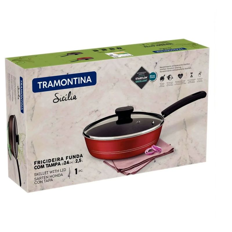 TRAMONTINA - Sarten de Aluminio Antiadherente Honda con tapa 24 cm Rojo Silicia