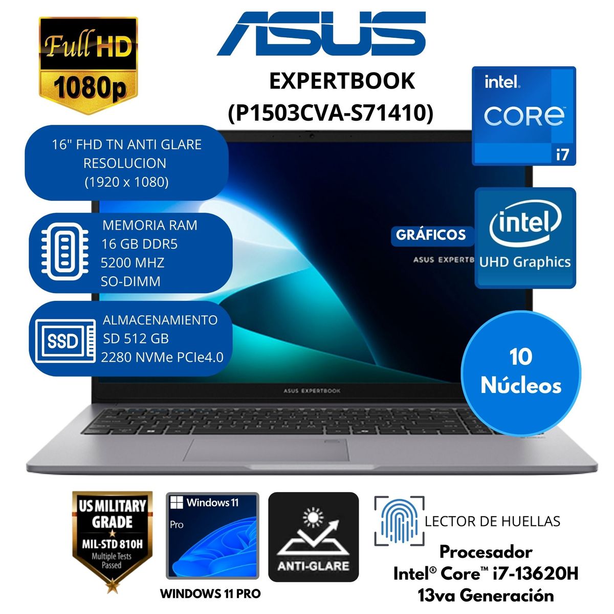 ASUS - Laptop Asus ExpertBook Intel Core i7 (P1503CVA-S71410) RAM 16 GB SSD 512GB 15.6 " FHD Windows 11 PRO