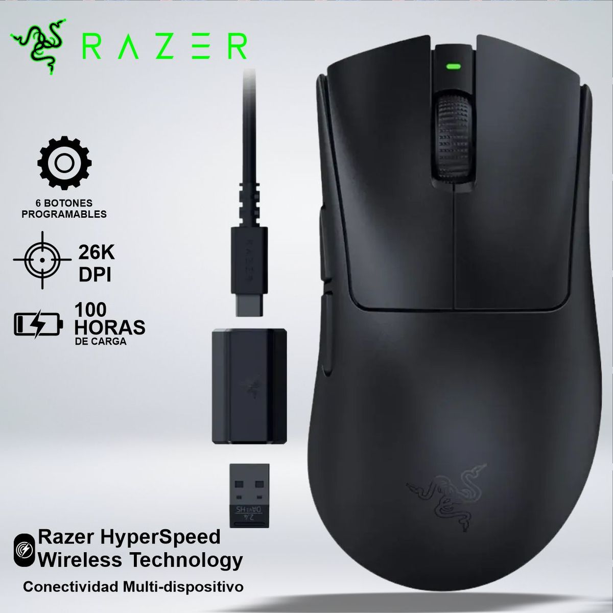 RAZER - MOUSE GAMER DEATHADDER V3 HYPERSPEED 26KDPI 100HRS USB-A SWITCH OPTIC