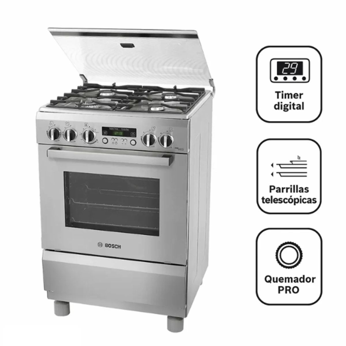 BOSCH - Cocina BOSCH PRO465 - HSG45I30SC a Gas de Pie 4 Hornillas Acero Inoxidable