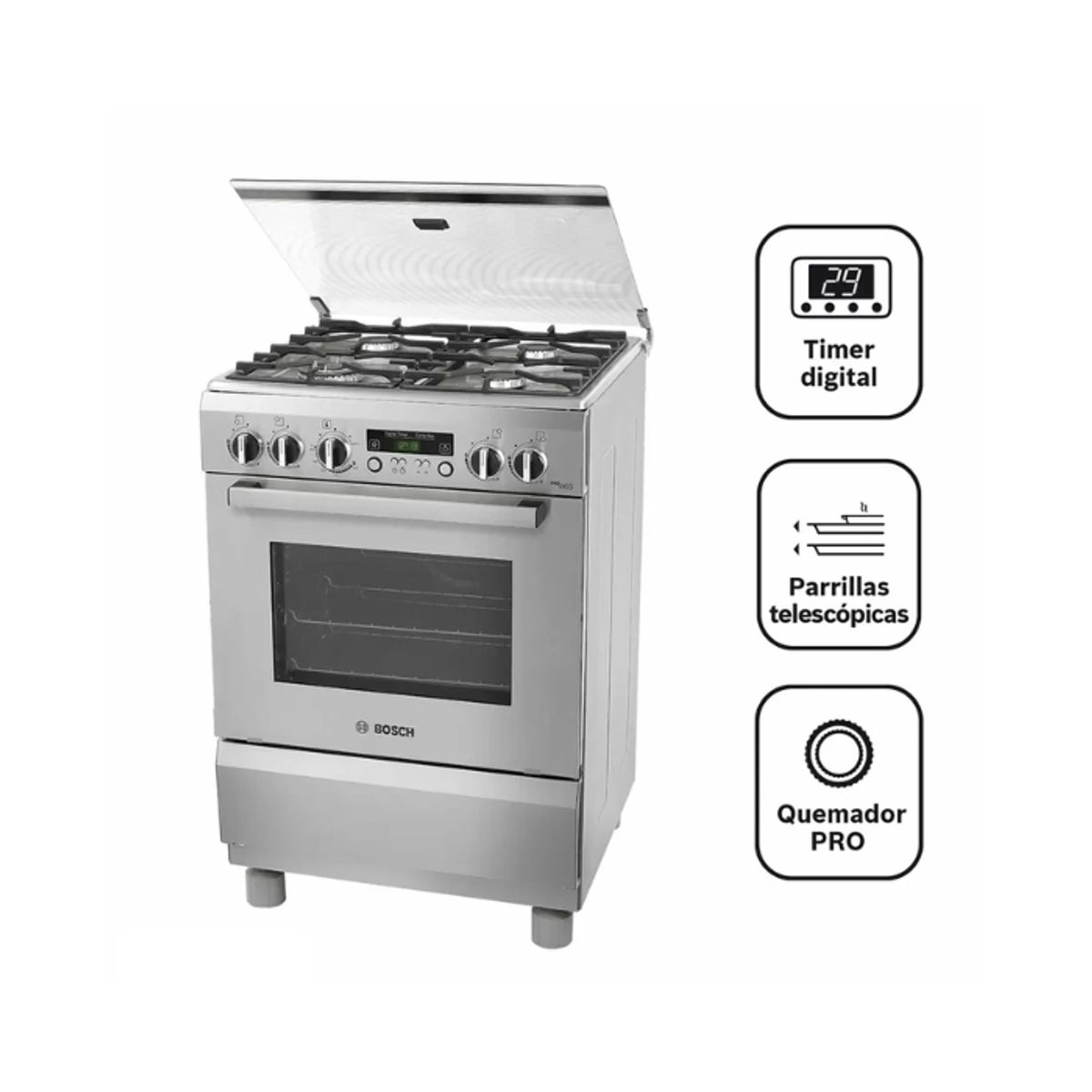 BOSCH - Cocina BOSCH PRO465 - HSG45I30SC a Gas de Pie 4 Hornillas Acero Inoxidable