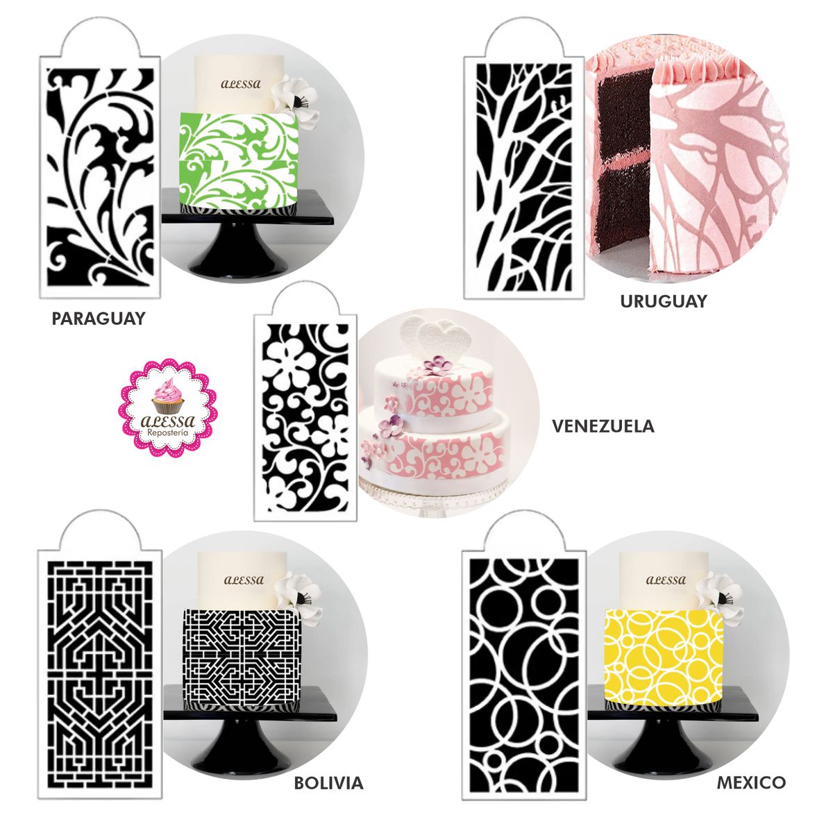 GENERICO - 5 Plantillas Stencil Modelo Paraguay Uruguay para Repostería