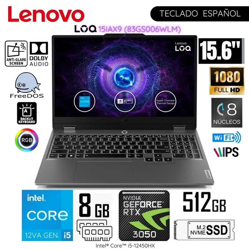 LENOVO - Laptop Lenovo LOQ 15IAX9 Intel Core i5-12450HX 8GB RAM 512GB SSD 15.6 " FHD RTX3050-6GB - 83GS006WLM