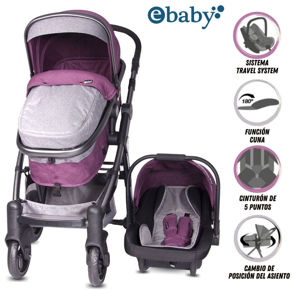 EBABY - Coche Moisés de Lujo «TAINY DELUXE» con Portabebé Purple