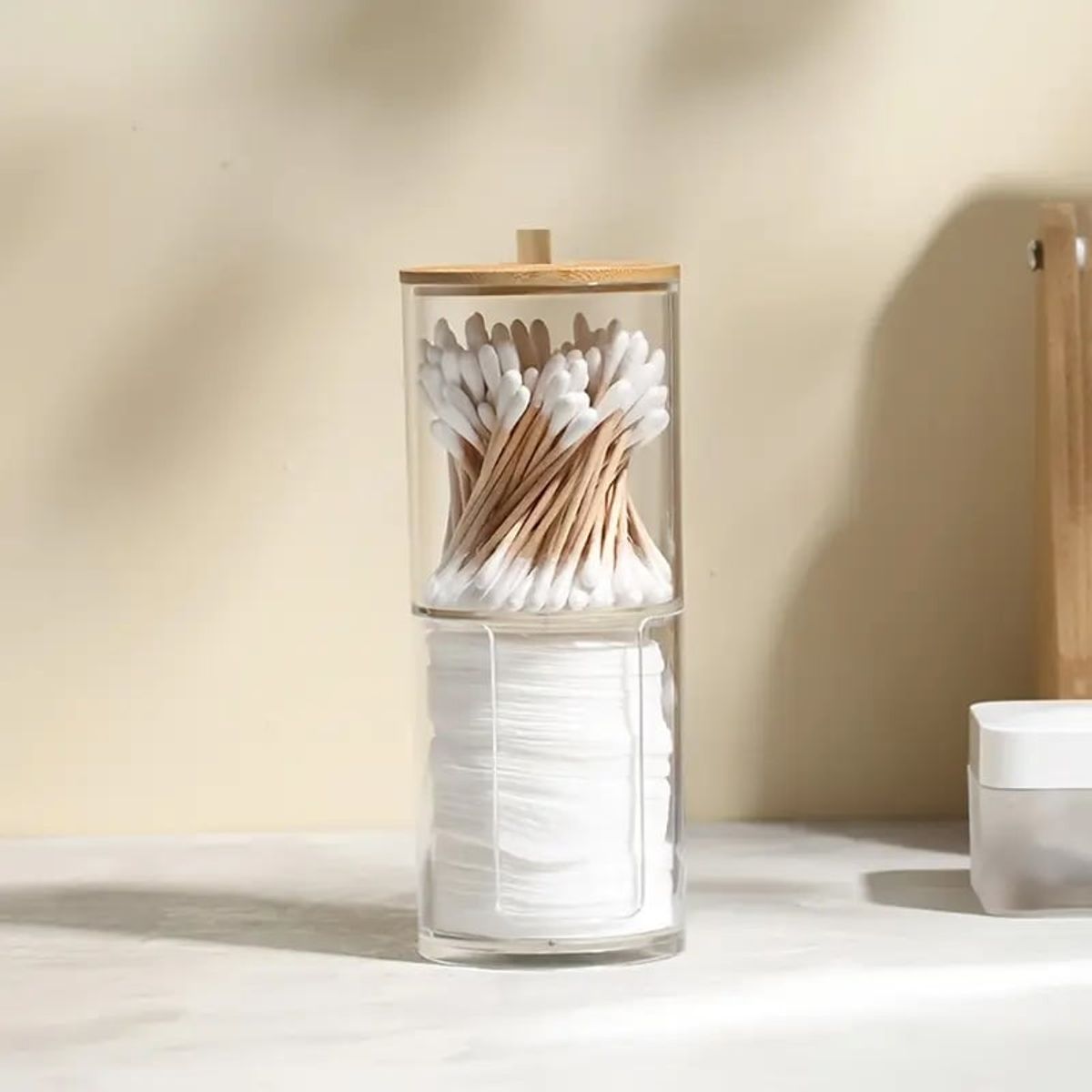 GENERICO - Organizador de acrilico de Algodones y maquillaje Porta algodones Bambú Pack x 2