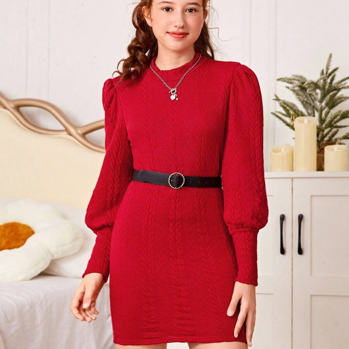 TAIS PRINCESS - Vestido rojo de manga farol tejido de cable sin cinturón