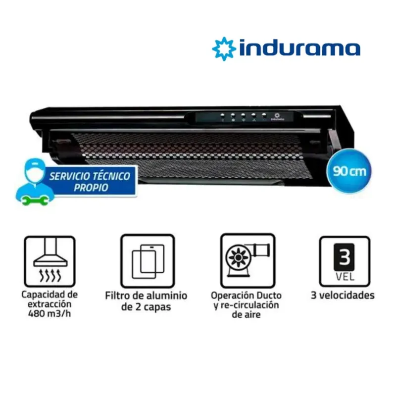 INDURAMA - Campana Extractora  Indurama 3 Velocidades 90cm Negro