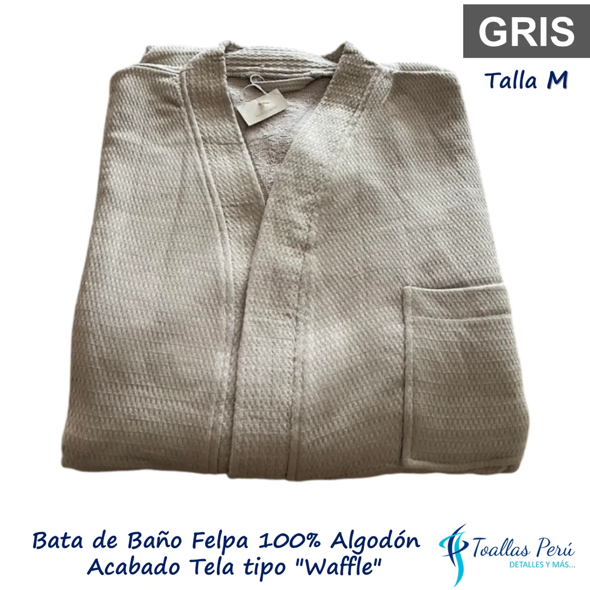 TOALLAS PERU DETALLES Y MAS - Bata de Baño Felpa 100% Algodón - Talla M Gris acabado tela Waffle