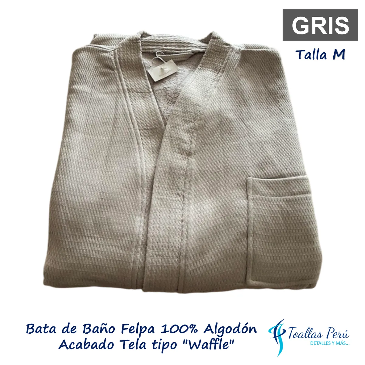 TOALLAS PERU DETALLES Y MAS - Bata de Baño Felpa 100% Algodón - Talla M Gris acabado tela Waffle