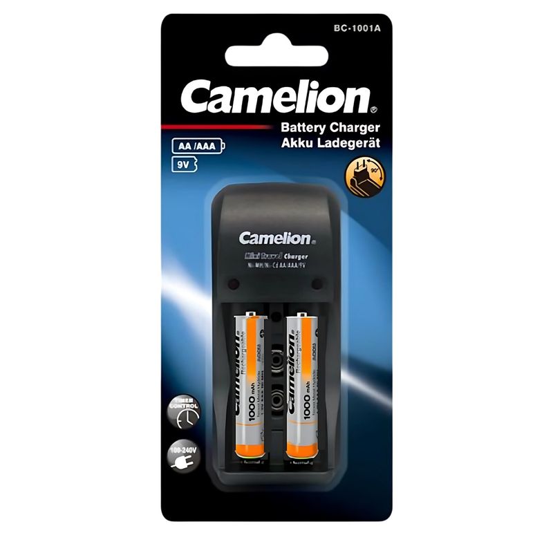 CAMELION - CARGADOR + 2 PILAS RECARGABLES (AAA-AA-9V 1000mAh) CAMELION