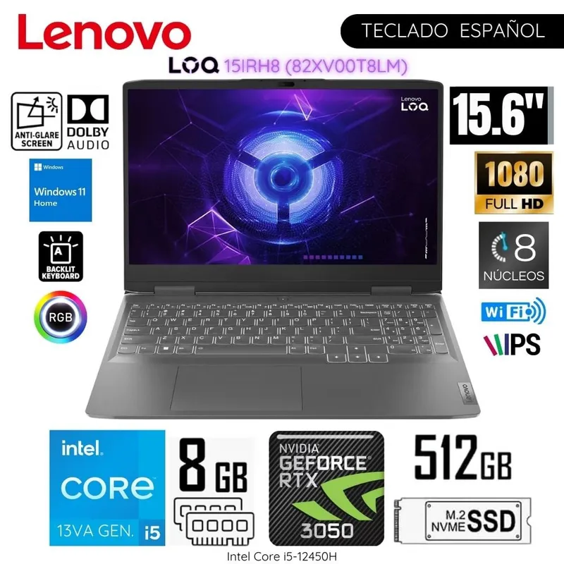 LENOVO - Laptop Lenovo LOQ 15IRH8 Intel Core i5-12450H 8GB RAM 512GB SSD 15.6"  FHD RTX3050-6GB - 82XV00T8LM