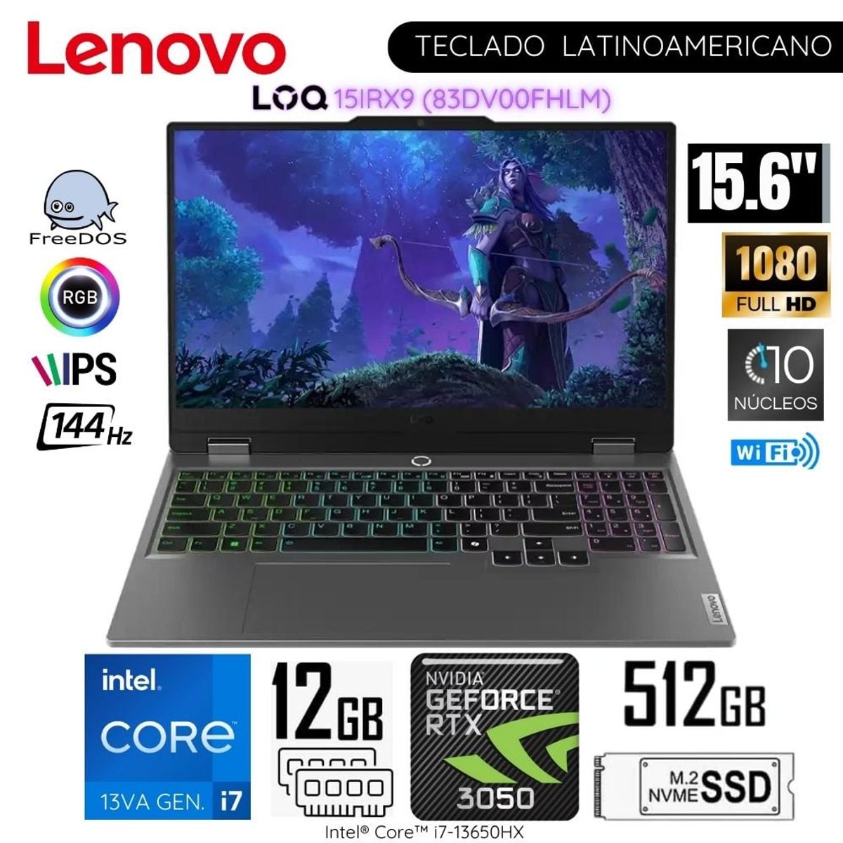 LENOVO - Laptop Lenovo LOQ 15IRX9 Intel Core i7-13650HX12GB RAM 512GB SSD 15.6"  FHD RTX3050 - 83DV00FHLM
