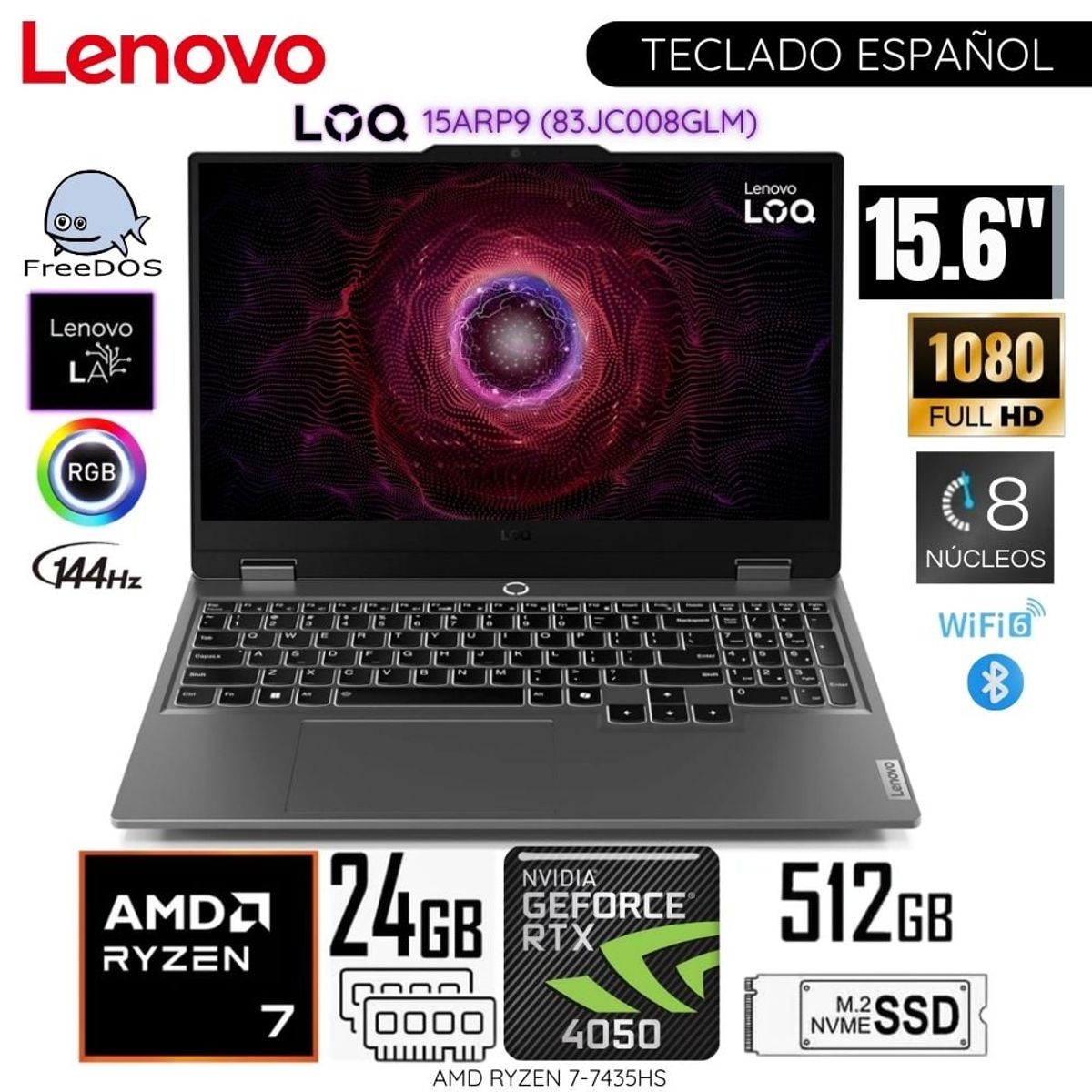 LENOVO - Laptop Lenovo LOQ 15ARP9 AMD Ryzen 7-7435HS 24GB RAM 512GB SSD 15.6 FHD RTX4050-6GB - 83JC008GLM
