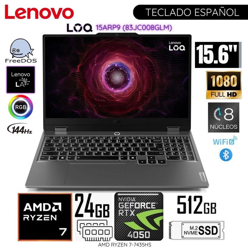 LENOVO - Laptop Lenovo LOQ 15ARP9 AMD Ryzen 7-7435HS 24GB RAM 512GB SSD 15.6 FHD RTX4050-6GB - 83JC008GLM
