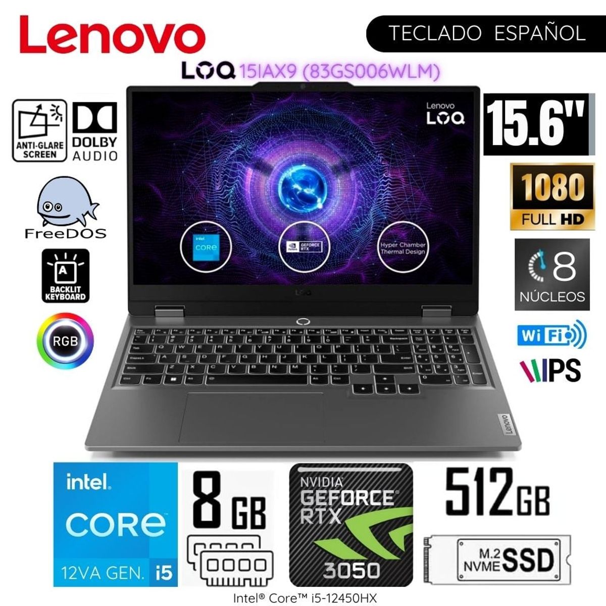 LENOVO - Laptop Lenovo LOQ 15IAX9 Intel Core i5-12450HX 8GB RAM 512GB SSD 15.6 " FHD RTX3050-6GB - 83GS006WLM