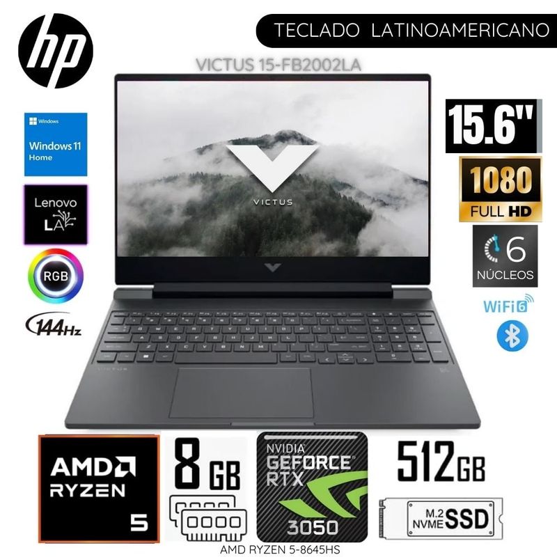 HP - Laptop HP Victus 15-FB2002LA AMD Ryzen5-8645HS 8GB RAM 512GB SSD 15.6"  FHD RTX3050-6GB WIN11 - Plata