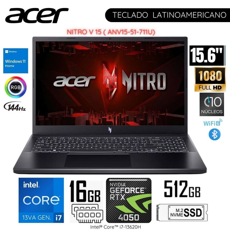 ACER - Laptop Gamer Acer Nitro V15 ANV15-51-711U Intel Corei7-13°Gen 15.6"  FHD 16GB RAM 512GB SSD RTX4050