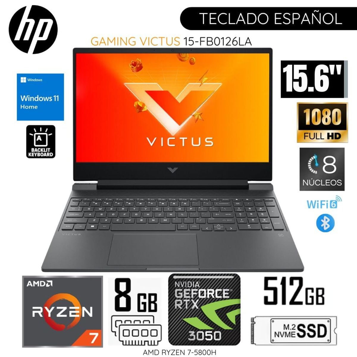 HP - Laptop HP Victus Gaming 15-FB0126LA AMD Ryzen7-5800H 15.6" 8GB RAM 512GB SSD RTX3050-4GB WINDOWS 11