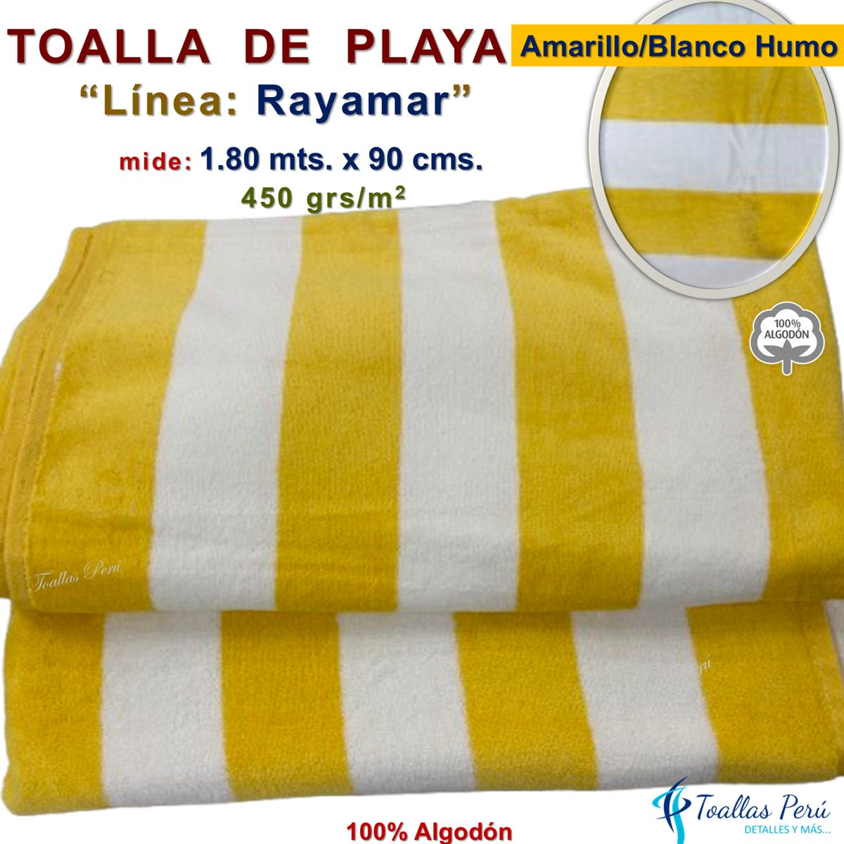 TOALLAS PERU DETALLES Y MAS - Toalla de Playa o Toallón: Amarilla/Blanco_H - 100% Algodón 450 grs/m2