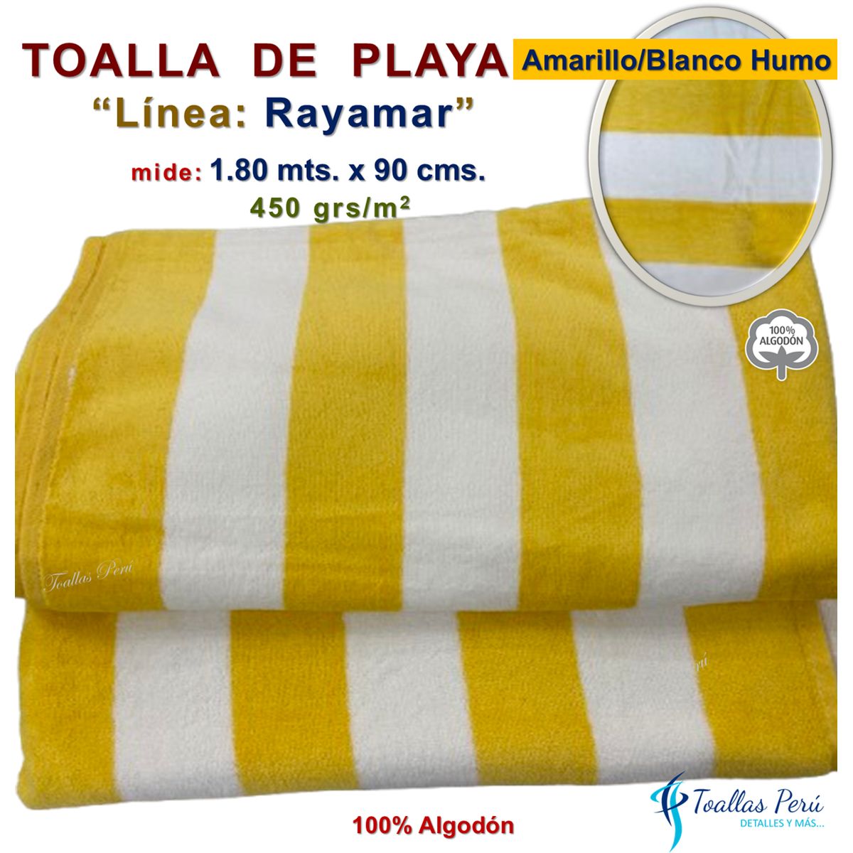 TOALLAS PERU DETALLES Y MAS - Toalla de Playa o Toallón: Amarilla/Blanco_H - 100% Algodón 450 grs/m2