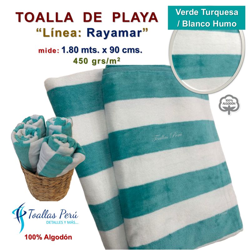 TOALLAS PERU DETALLES Y MAS - Toalla de Playa o Toallón: Verde_T/Blanco_H - 100% Algodón 450 grs/m2