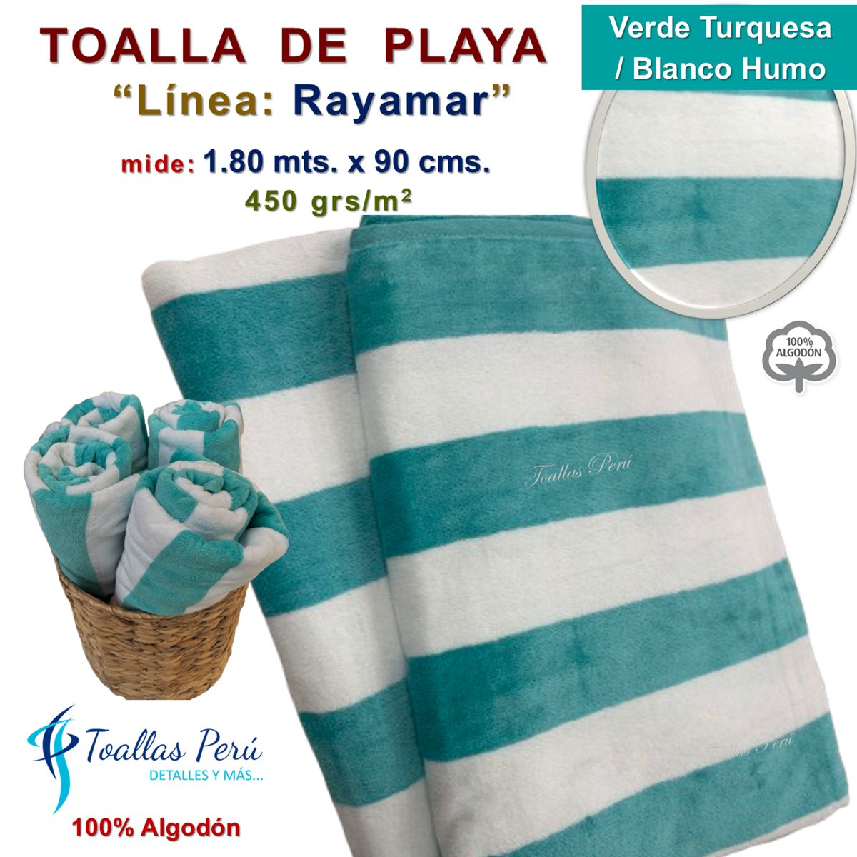TOALLAS PERU DETALLES Y MAS - Toalla de Playa o Toallón: Verde_T/Blanco_H - 100% Algodón 450 grs/m2