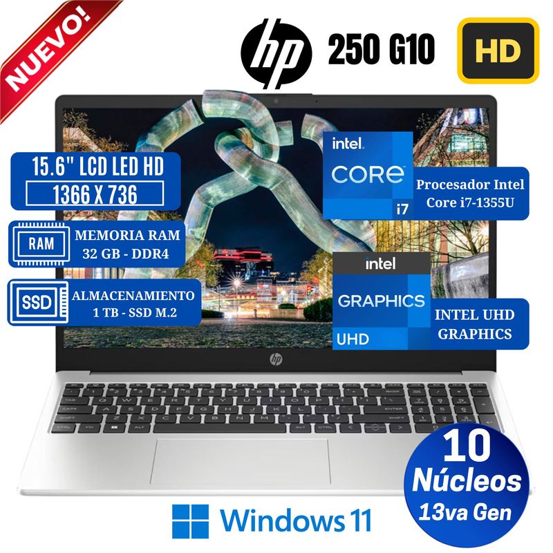 HP - Laptop HP 250 G10 15.6" LCD LED HD, Intel Core i7-1355U, 13va Gen, Ram 32GB, Ssd 1 TB, Win 11