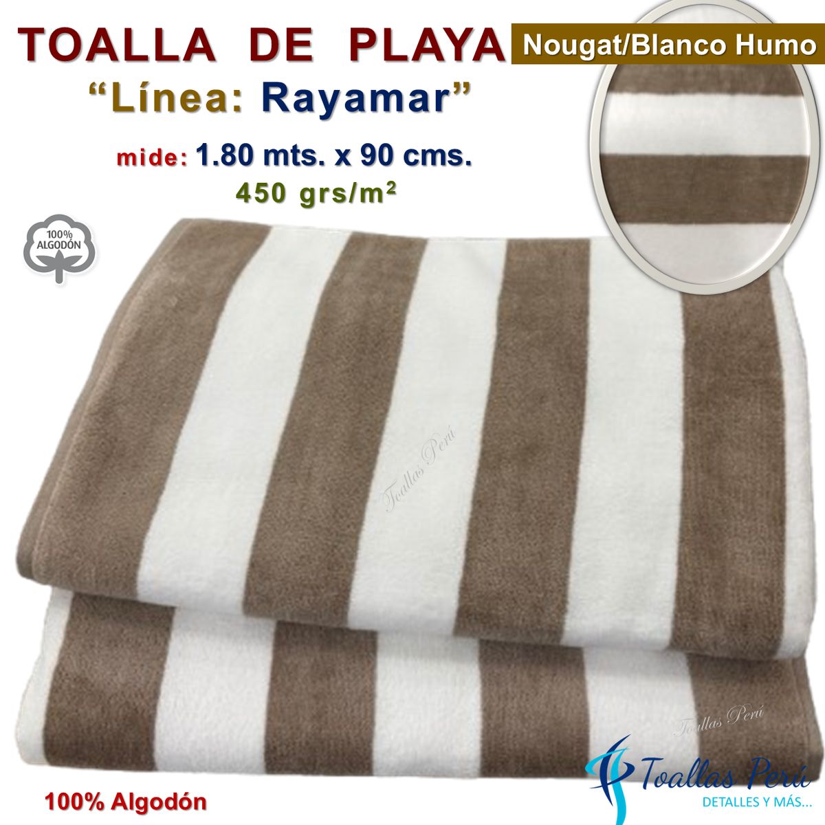 TOALLAS PERU DETALLES Y MAS - Toalla de Playa o Toallón: Nougat/Blanco_H - 100% Algodón 450 grs/m2