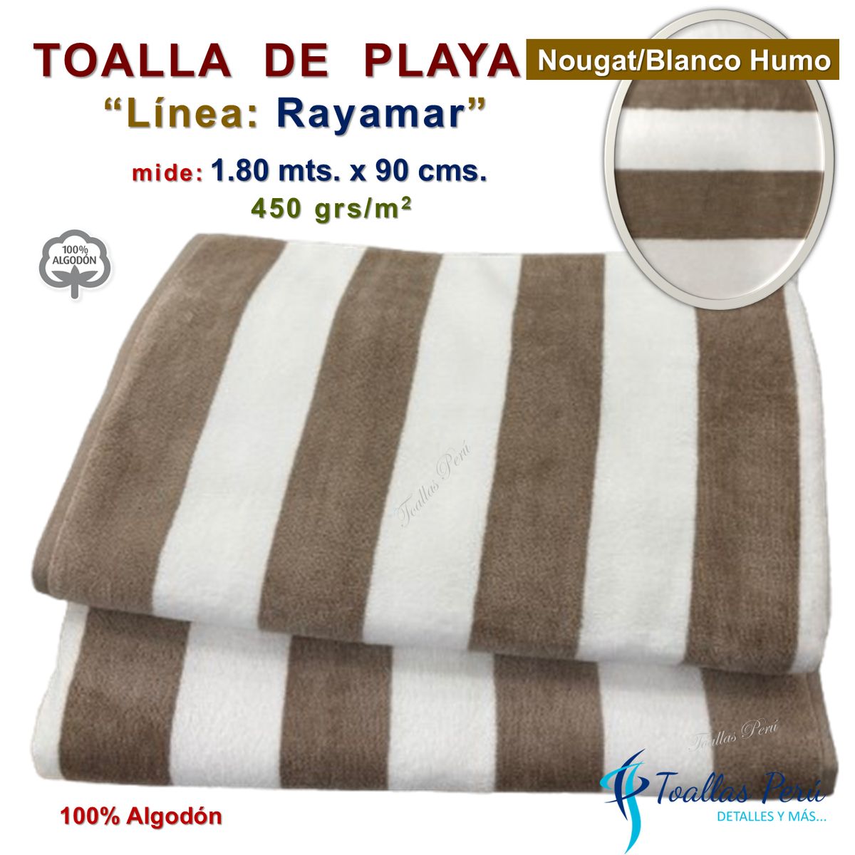 TOALLAS PERU DETALLES Y MAS - Toalla de Playa o Toallón: Nougat/Blanco_H - 100% Algodón 450 grs/m2