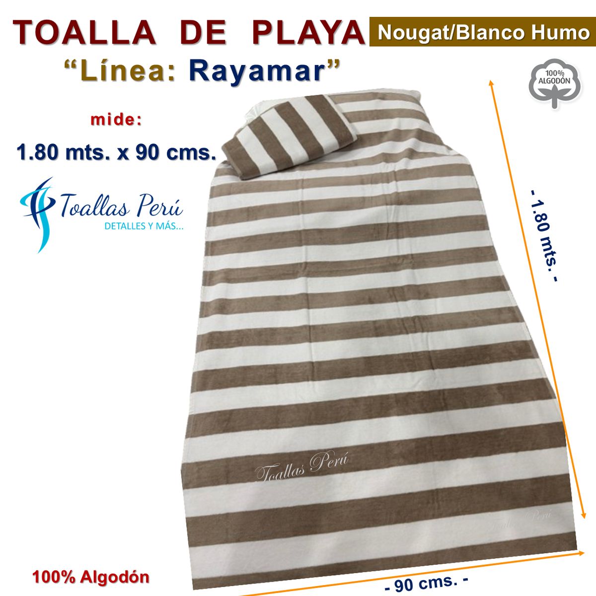 TOALLAS PERU DETALLES Y MAS - Toalla de Playa o Toallón: Nougat/Blanco_H - 100% Algodón 450 grs/m2