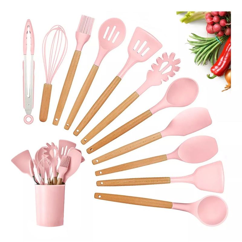 GENERICO - Juego de 12 Utensilios de Silicona para Cocina y Repostería - ROSADO