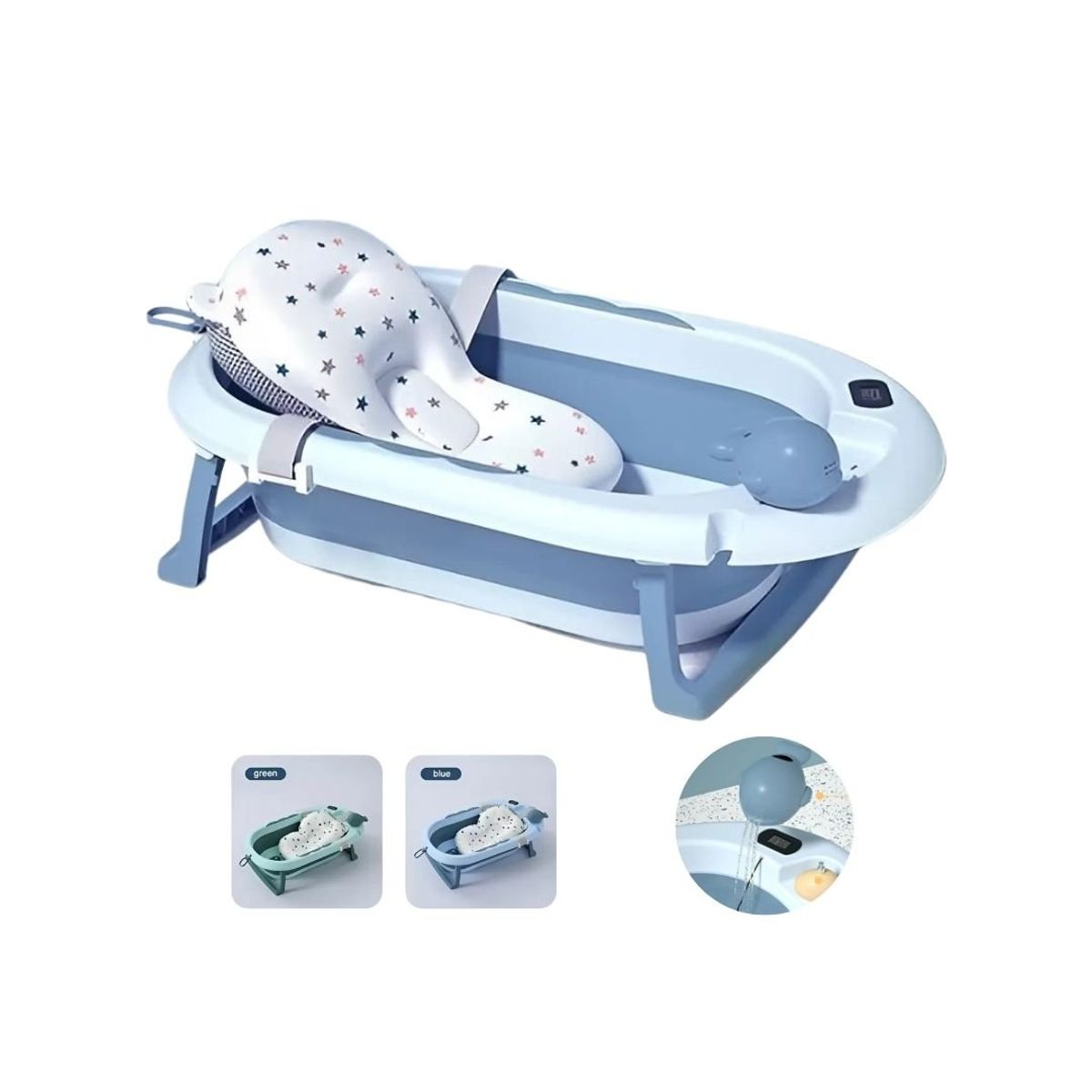 GENERICO - Bañera Plegable Celeste con Termómetro y Ballenita Bebé