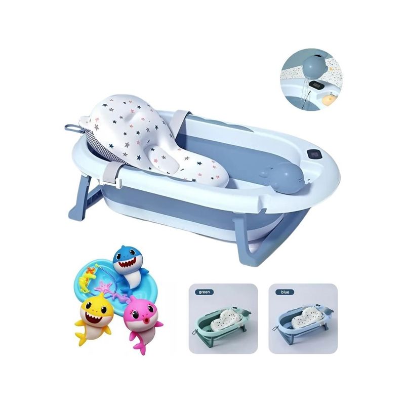 GENERICO - Bañera Plegable Celeste con Termómetro y Ballenita Bebé