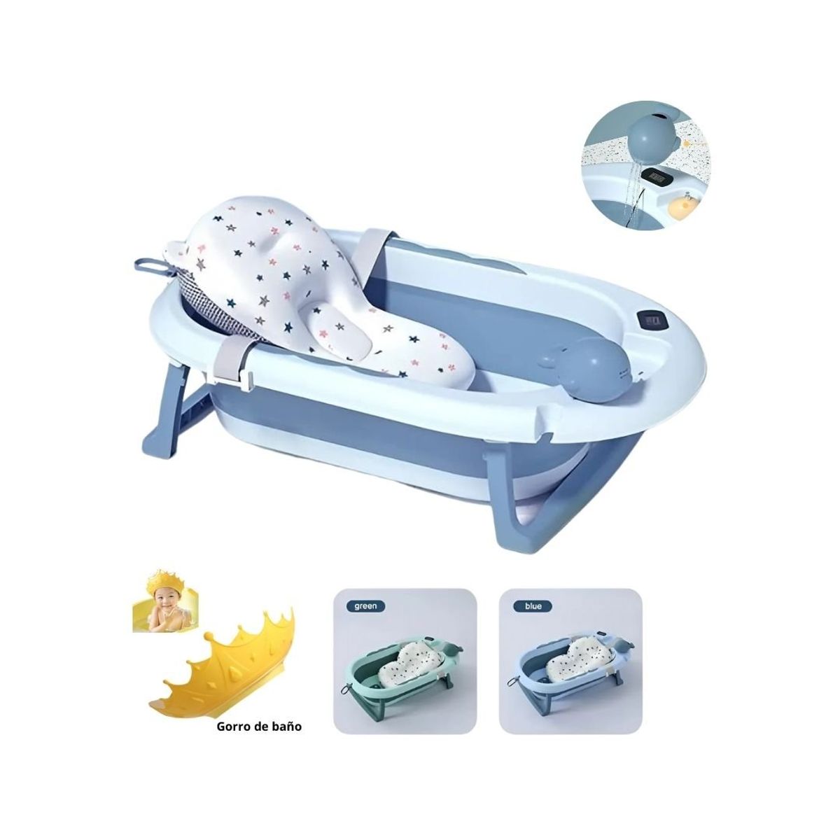 GENERICO - Bañera Plegable Celeste con Termómetro y Ballenita Bebé