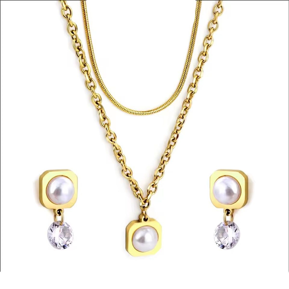 LA TIENDA 88 JOYAS Y ACCESORIOS - La Tienda 88 - Set Collar y Aretes Mujer Acero bañado oro 18k - Blanco