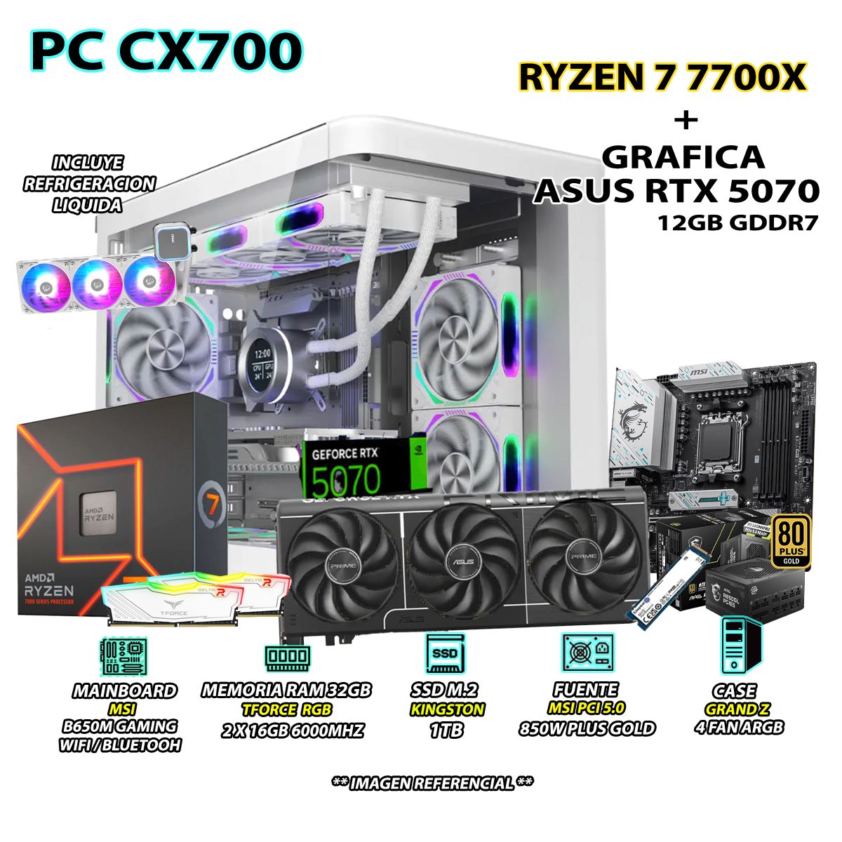 AMD - Computadora PC Gamer RYZEN 7 7700X RAM 32GB DDR5 SSD 1TB GRAFICA RTX 5070 12GB