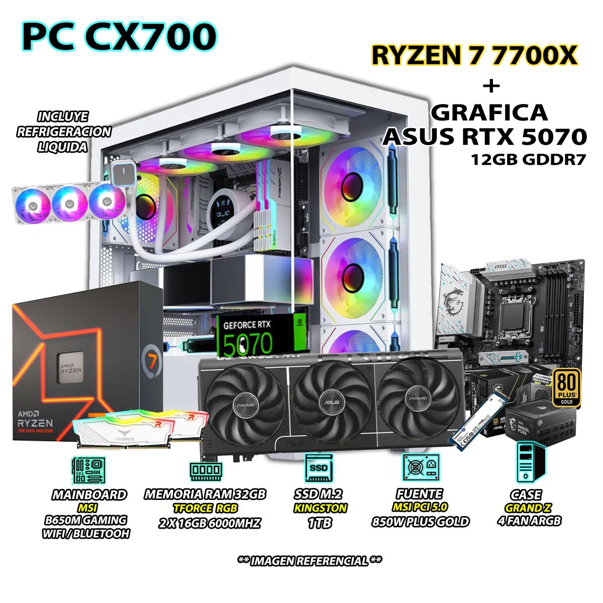 AMD - Computadora PC Gamer RYZEN 7 7700X RAM 32GB DDR5 SSD 1TB GRAFICA RTX 5070 12GB