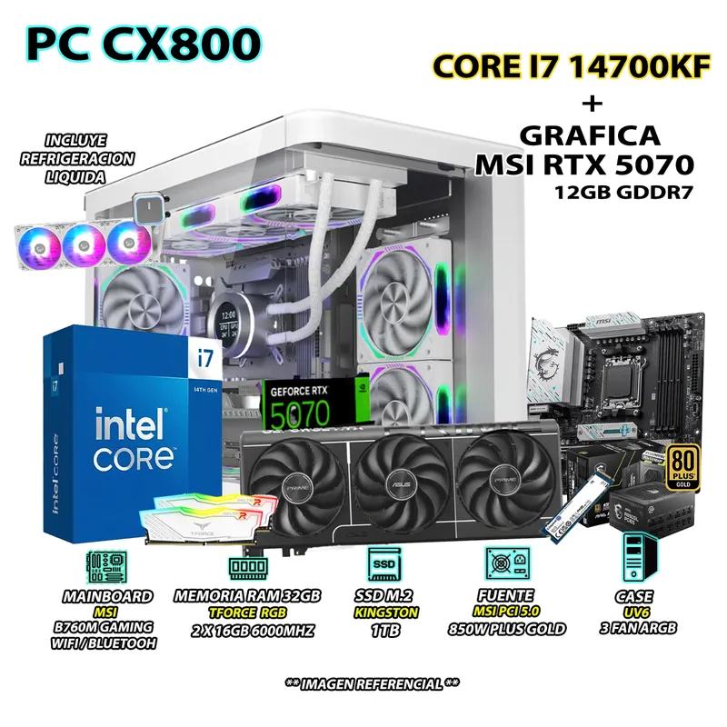 INTEL - Computadora PC Gamer Core i7 14700KF RAM 32GB SSD 1TB GRAFICA RTX 5070 12GB