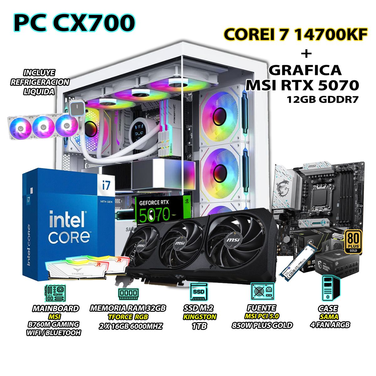 INTEL - Computadora PC Gamer Core i7 14700KF RAM 32GB SSD 1TB GRAFICA RTX 5070 12GB