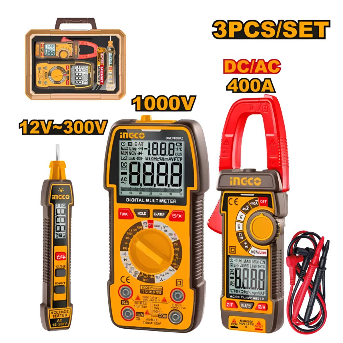 INGCO TOOLS - KIT INGCO AMPERÍMETRO + MULTIMETRO DIGITAL + DETECTOR VOLTAJE COS24067