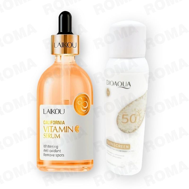 BIOAQUA - KIT SERUM VITAMINA C LAIKOU Y PROTECTOR SOLAR ARROZ SPF50 SPRAY