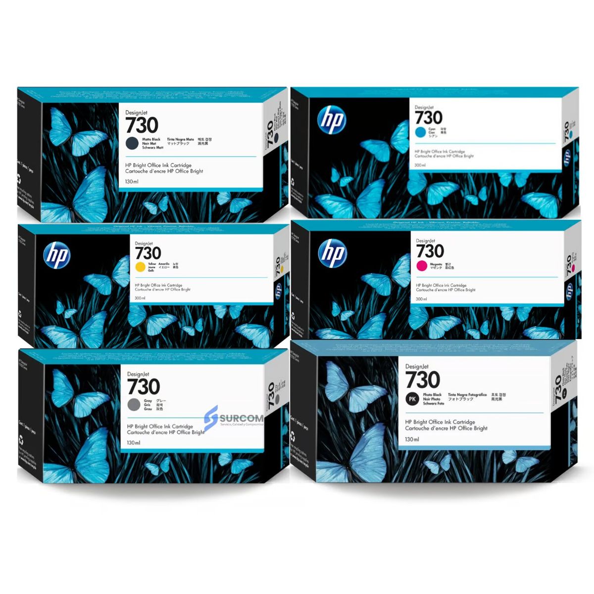 HP - Kit Tinta HP 730 300ml Mate Black Photo Black Gris Cian Magenta Yellow