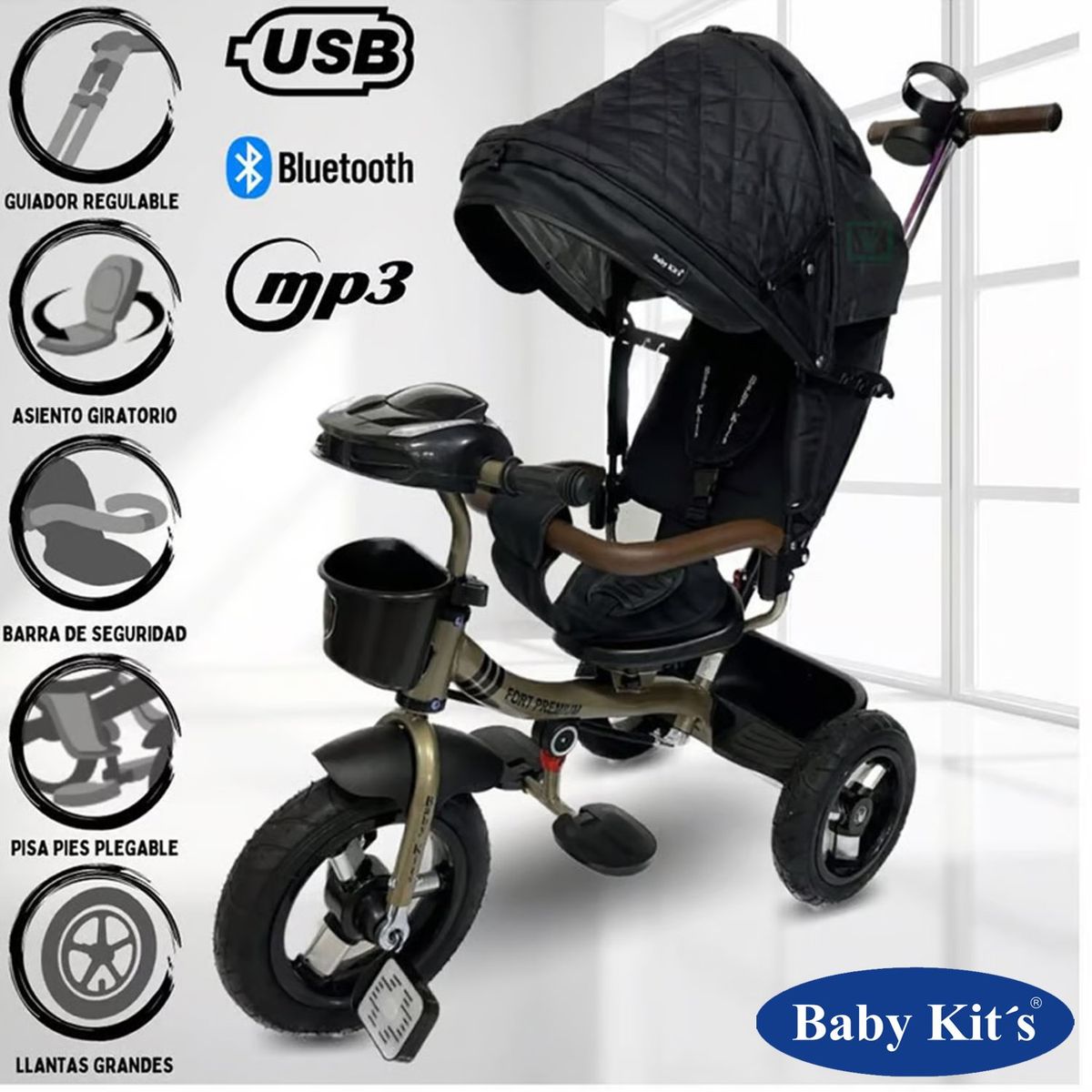 BABY KITS - Triciclo Guiador 5 en 1 FORT PREMIUM GOLD USB Negro