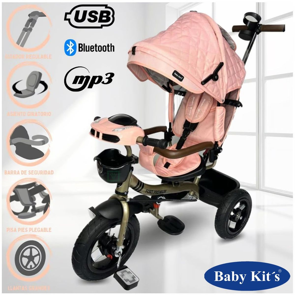 BABY KITS - Triciclo Guiador 5 en 1 FORT PREMIUM GOLD USB Rosado