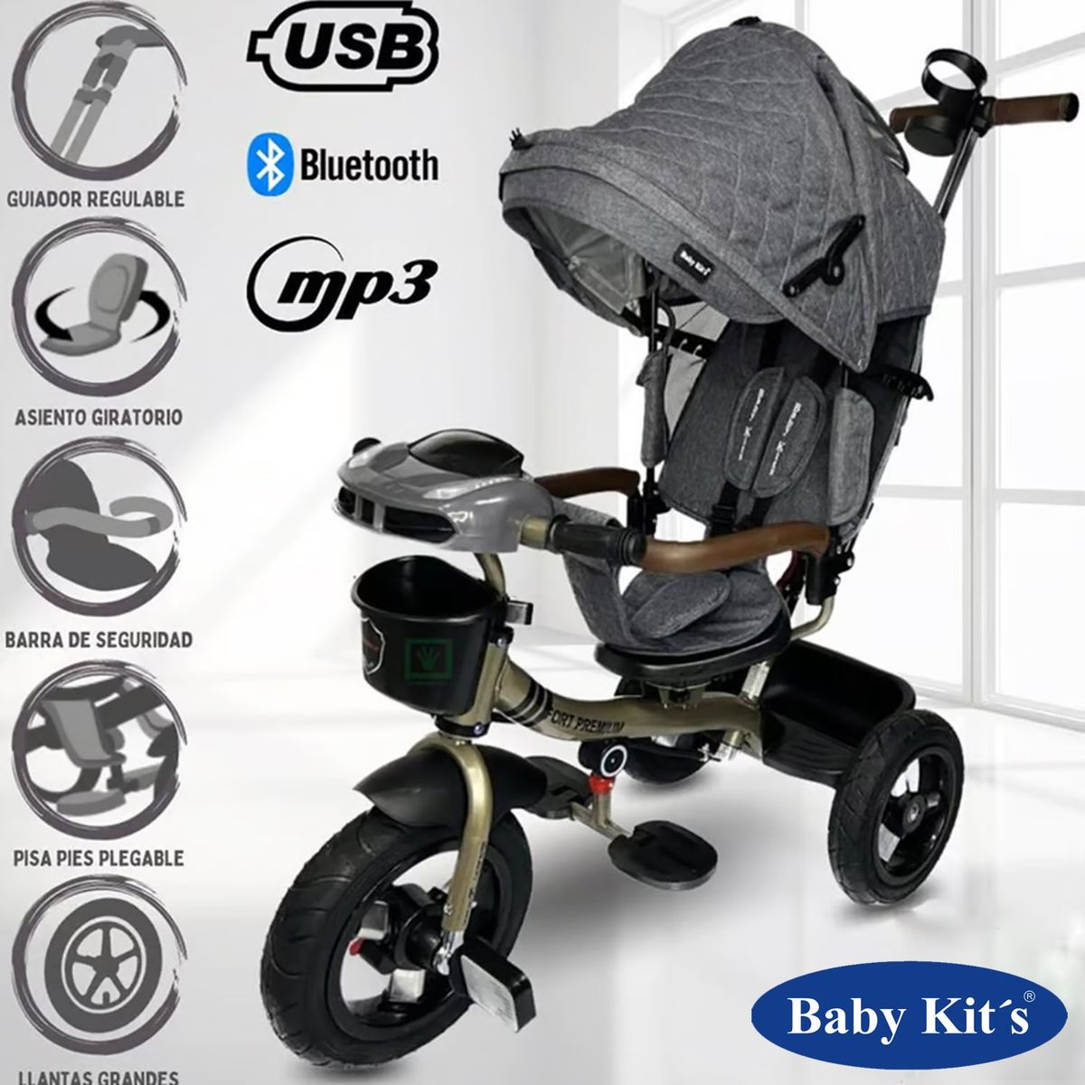 BABY KITS - Triciclo Guiador 3 en 1 «FORT PREMIUM» USB Gris