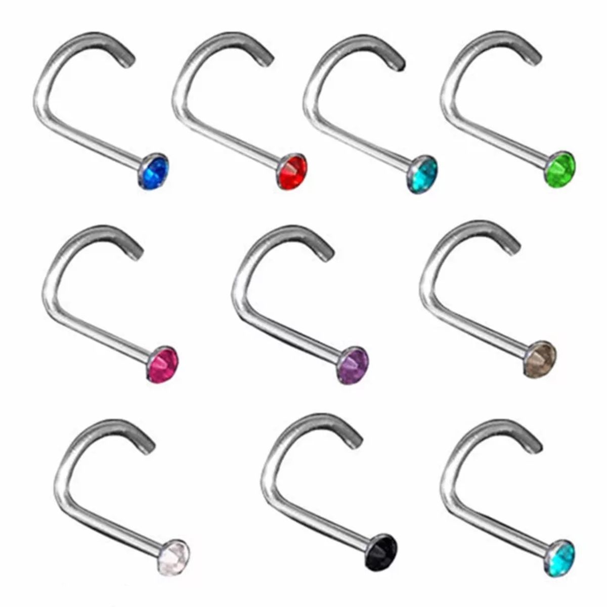 GENERICO - Set x 2 Piercing nariz nostril ganchito con strass colores al azar
