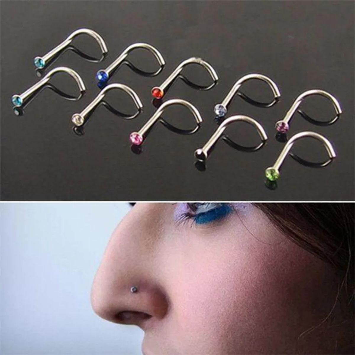 GENERICO - Set x 2 Piercing nariz nostril ganchito con strass colores al azar